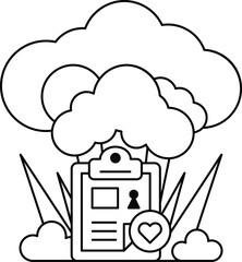 A white and black drawing of a cloud with a clipboard on top of it