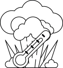 A black and white drawing of a thermometer with a cloud in the background