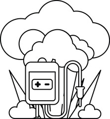 A cartoon drawing of a cloud with a red device in the middle
