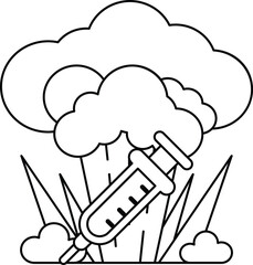 A black and white drawing of a cloud with a syringe sticking out of it