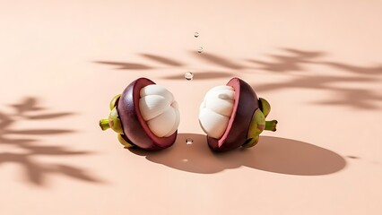 Fresh mangosteen fruits split open revealing white juicy flesh on pink background.