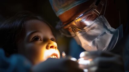 A pediatric dentist wearing a mask and gloves examines a young patient’s teeth under a bright dental light.