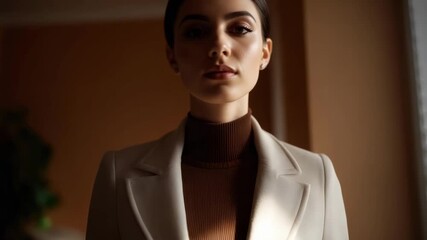 A person in a light-colored blazer with wide lapels over a brown turtleneck, belted at the waist.