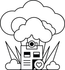 A white and black drawing of a building with a heart on it