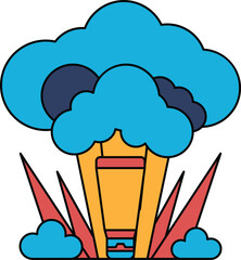 A white and black drawing of a cloud with a hot air balloon in the middle