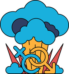 A black and white drawing of a cloud with two men's symbols on it