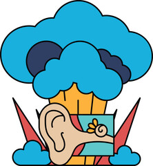A cartoon of a cloud with a bomb in the middle and an ear on the right