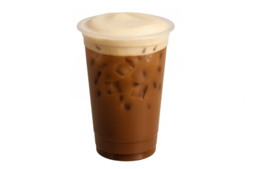 Iced coffee drink with cold brew, ice cubes, and creamy foam topping in a clear plastic cup, refreshing beverage