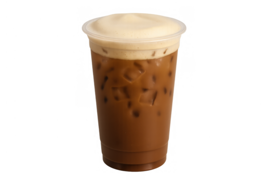 Iced coffee drink with cold brew, ice cubes, and creamy foam topping in a clear plastic cup, refreshing beverage