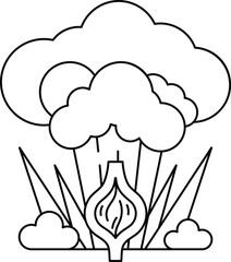 A white and black drawing of a cloud with a large onion in the middle