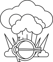 A black and white drawing of a cloud with a bomb in the middle