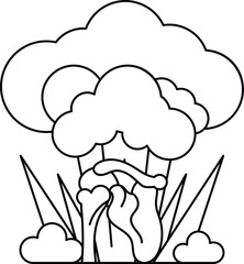 A black and white drawing of a mushroom growing out of the ground