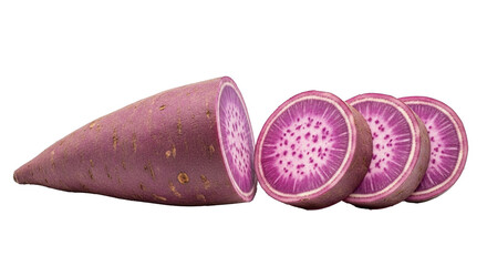 Purple sweet potato whole and slices displaying vibrant healthy inside