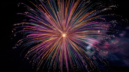 A firework bursts with vibrant colors against the night sky, illuminating celebration with a burst of light.