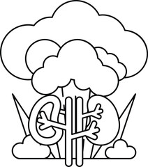 A cartoon of a kidney and a heart with a cloud in the background