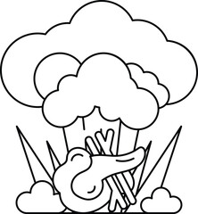 A cartoon of a mushroom cloud with a bird in the middle of it