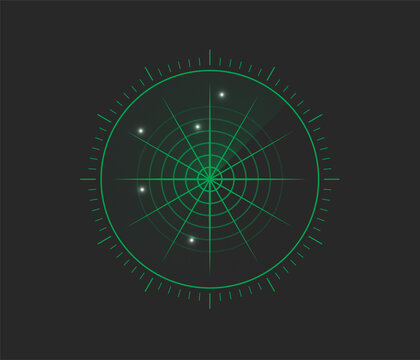 Classic green military radar screen displaying four bright contacts on a dark grid. It shows range rings and azimuth markers for target tracking.