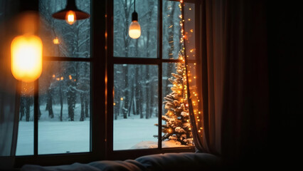 Cozy winter evening scene with glowing string lights and radiant Edison bulbs illuminating a festive outdoor Christmas tree, viewed through a window, evoking warmth, comfort, and holiday spirit