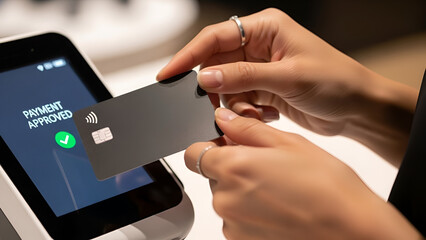 Contactless payment transaction, Tapping Credit Card on POS Terminal for Contactless Payment