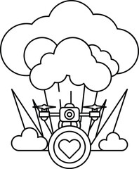 A cartoon of a drone with a camera on it flying through a cloud of smoke