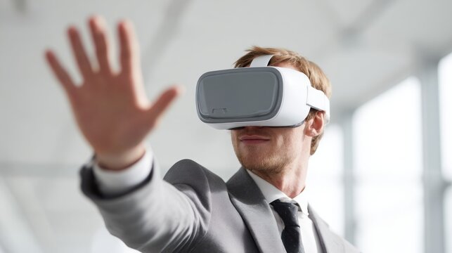 Future business innovation young professional man in cyber vr meeting environment with generative ai technology