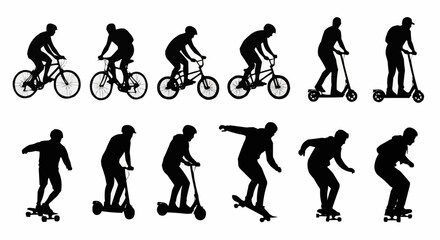 Collection of black silhouettes of people riding various personal vehicles.