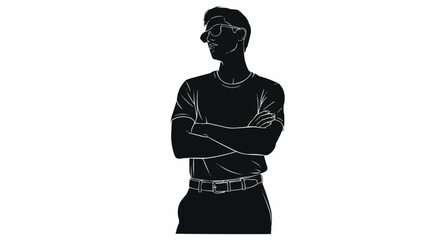 Silhouette of a man with arms crossed wearing a t-shirt and belt.