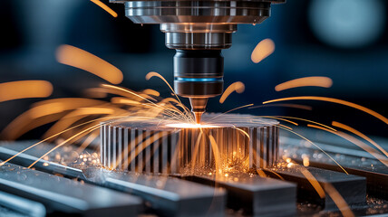 A CNC milling machine is precisely cutting a metal gear component, emitting bright, fiery sparks