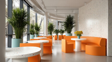 Modern cafe interior with orange seating, terrazzo tables, large windows, green plants, and natural light creates cheerful, eco friendly atmosphere
