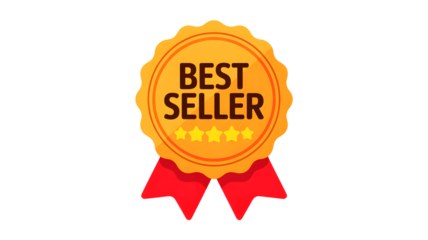 A best seller badge with stars and red ribbons isolated on a black plain background illustration