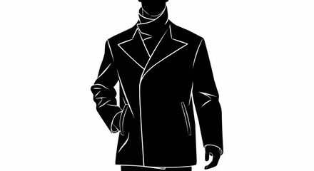 Minimalist black and white silhouette of a man in a coat.