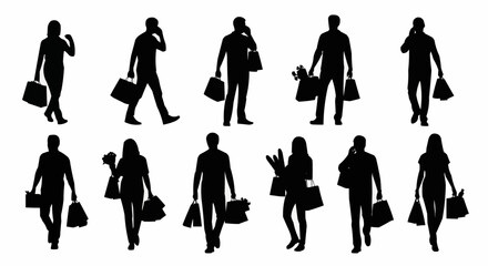 Silhouettes of people shopping with bags and groceries.