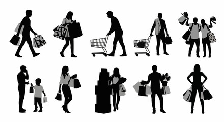 Shoppers carrying bags and pushing carts in a shopping mall.