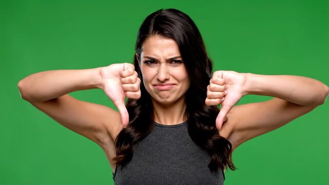 Portrait of a woman with dark hair and a neutral expression against a green background