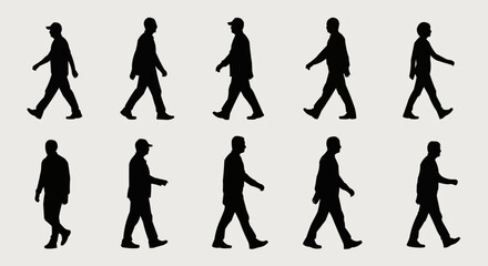 Silhouettes of people walking in various poses against a neutral background.