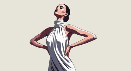 Elegant Woman in White Dress Posing Confidently with Hands on Hips.