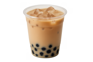 Iced bubble tea drink with dark tapioca balls, a popular sweet refreshment served in a disposable cup