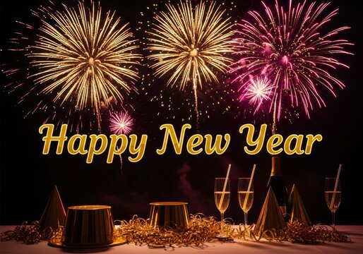 Spectacular new year celebration with golden text, champagne, party hats, and vibrant fireworks illuminating the night sky - Powered by Adobe