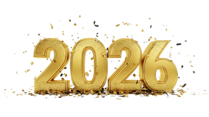 Golden “2026” typography with glitter effects and festive confetti