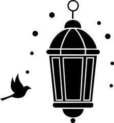 Mystical Lantern Silhouette: A minimalist monochrome silhouette of an ornate lantern and a flying bird, evokes a sense of mystery and serene illumination.