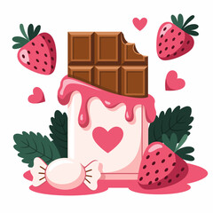 This vibrant illustration showcases a chocolate bar with a bite, melting pink icing, fresh strawberries, and a candy, symbolizing indulgence and sweetness in life.