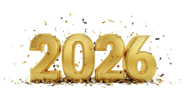 Golden “2026” typography with glitter effects and festive confetti