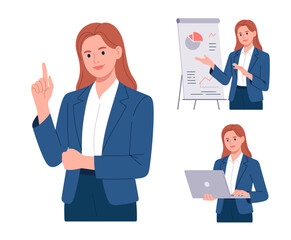 A confident businesswoman presenting creative data insights, showcasing her expertise and professionalism in a corporate environment to effectively communicate ideas.