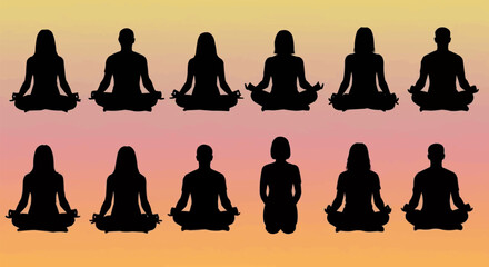 Silhouettes of people meditating in lotus position, promoting mindfulness and inner peace.