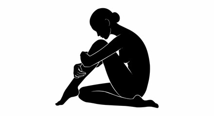 Silhouette of a woman in a seated pose, embracing her knees, contemplating.