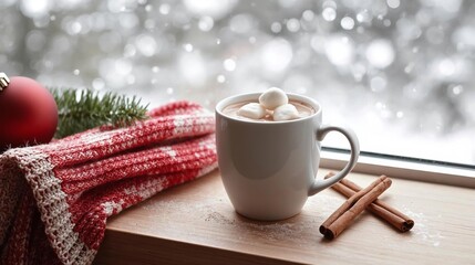 Cozy Christmas Hot Cocoa on Wooden Windowsill with Snowy Background 