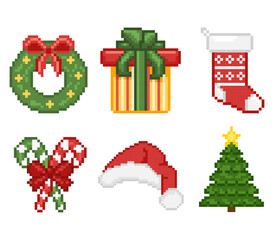 Christmas decoration pixel art game icon vector set. Retro 8 bit wreath, gift, stocking, candy cane, Santa hat, Tree pixelated style