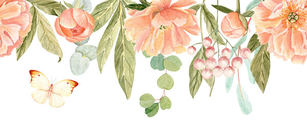 Peonies and butterfly in soft peach tones watercolor seamless border on white. Hand-painted high detail, perfect for wedding invitations, branding, packaging, fabric design, cards. Gold, green leaves. © Ekaterina