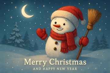 Cartoon snowman outside at night holding a broom near christmas trees and moon