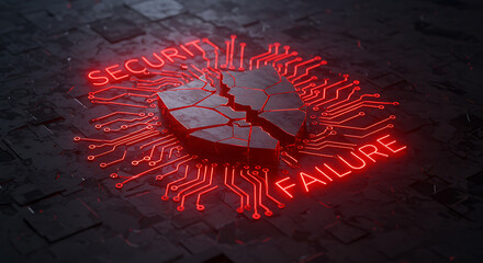 Broken shield with red neon security failure text on circuit board